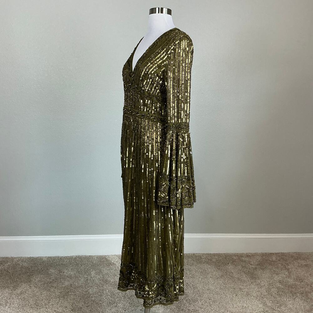 Mac Duggal 5591 Green Cocktail Dress Sequined Long Sleeve A-Line Midi Size 10 - Picture 5 of 13